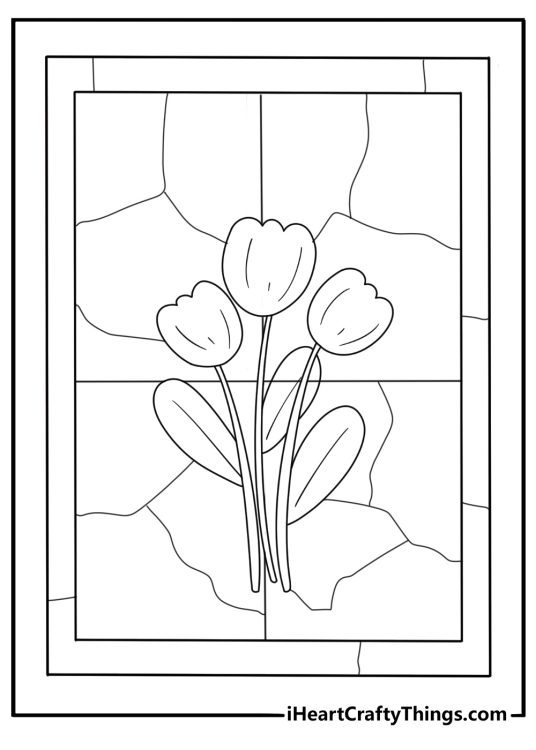 stained glass window with tulip flowers printable coloring page