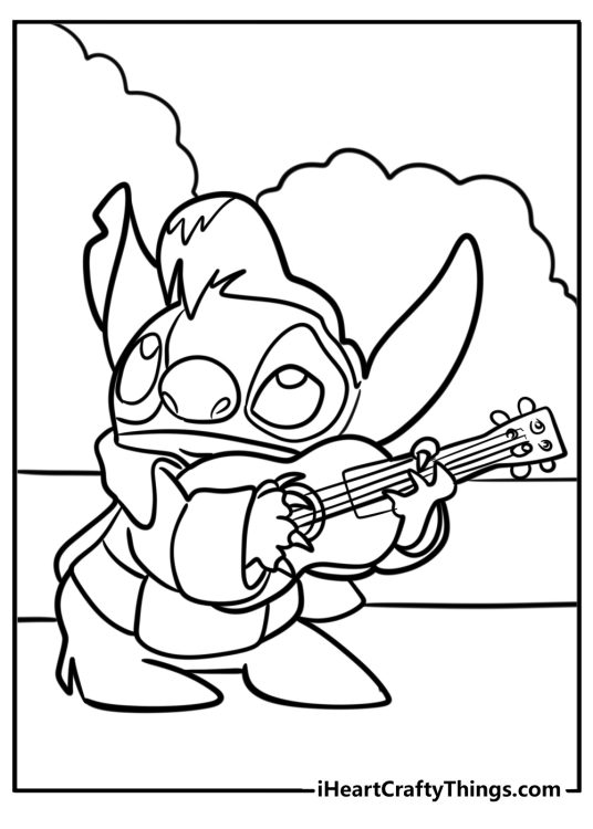 Lilo and Stitch-themed printable featuring Stitch playing guitar while dressed as Elvis