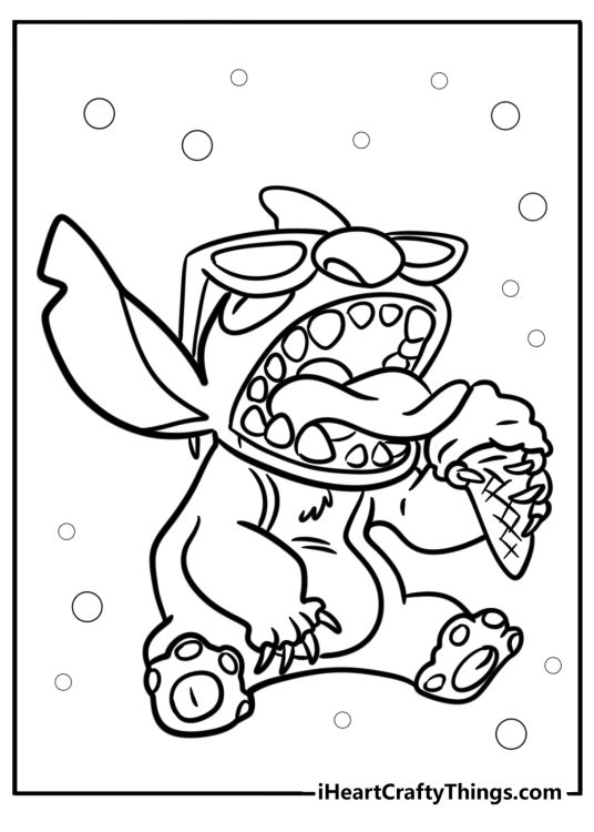 Lilo and Stitch-themed printable sheet to color featuring Stitch enjoying an ice cream