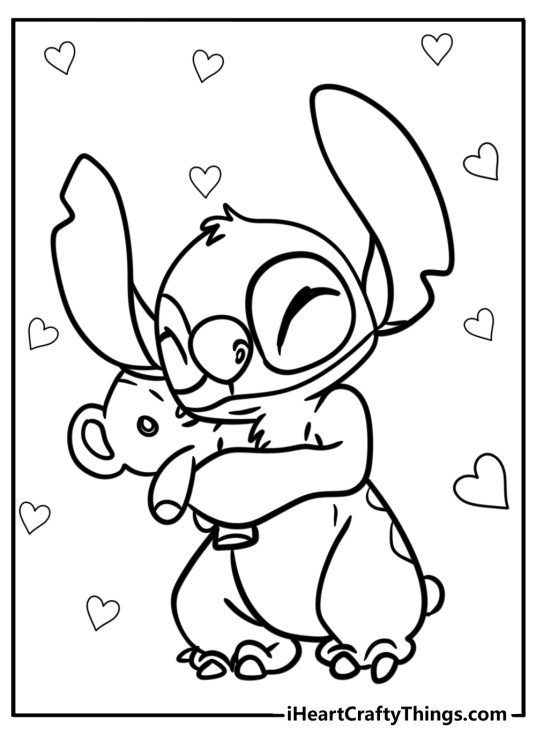 Lilo and Stitch-themed image featuring Stitch hugging a teddy bear with hearts in the background