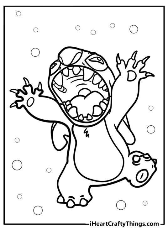 Lilo and Stitch-themed image for kids showing Stitch dancing and singing loudly at the same time