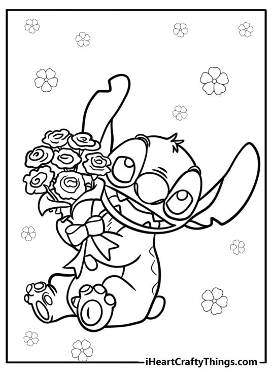 Detailed Lilo and Stitch-themed image featuring Stitch sitting and holding a big bouquet of flowers