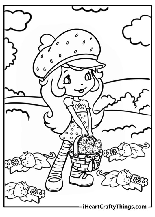Coloring page of a Strawberry Shortcake carrying a basket full of strawberries outdoors