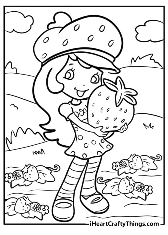Detailed poster featuring Strawberry Shortcake holding a giant strawberry with hills behind her