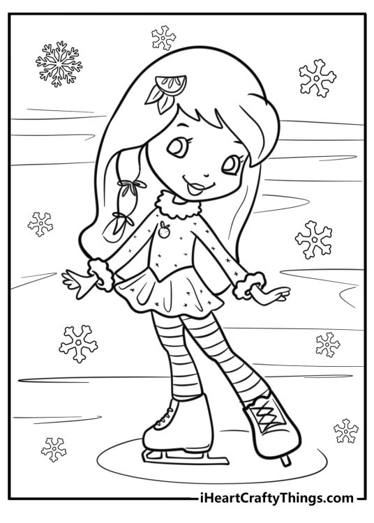 Detailed printable to color featuring Strawberry Shortcake skating with snowflakes all around her