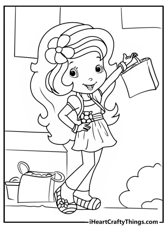 Coloring sheet for kids featuring happy Strawberry Shortcake posing with shopping bags