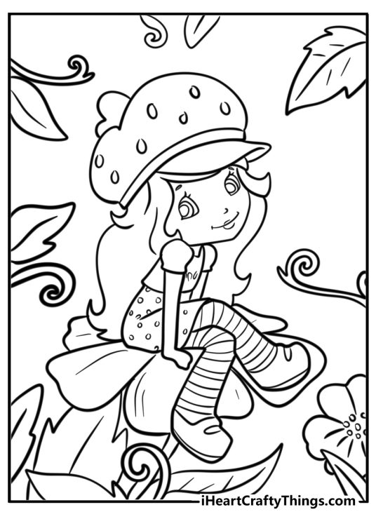 Detailed printable drawing presenting Strawberry Shortcake sitting on a big flower