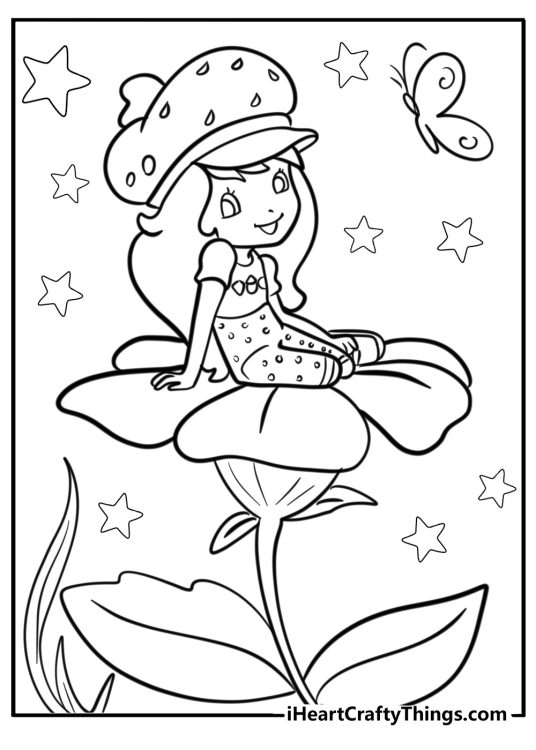 Image to color of a Strawberry Shortcake sitting on a big flower surrounded by stars and butterfly