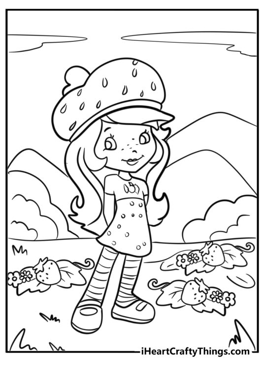 Free printablepdf depicting Strawberry Shortcake standing in the field full of strawberries
