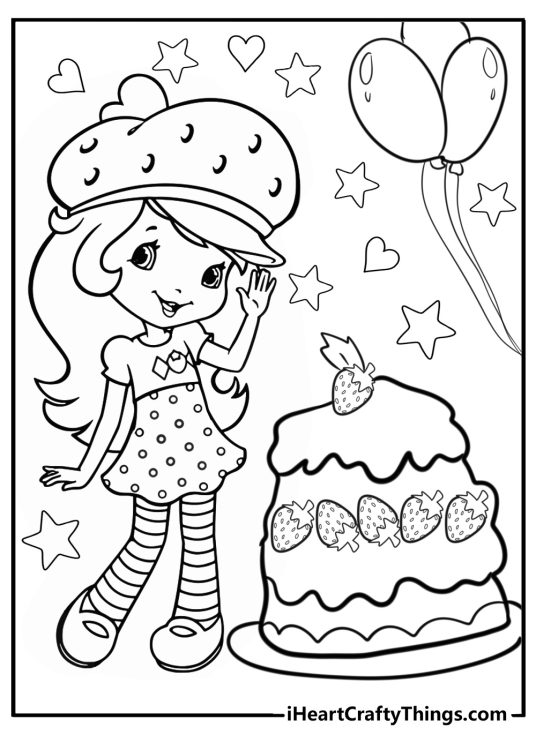 Picture of a Strawberry Shortcake celebrating her birthday with a big cake balloons and stars all around her