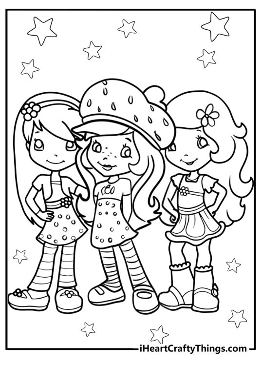 Detailed printable poster of a Strawberry Shortcake posing with two friends surrounded by stars