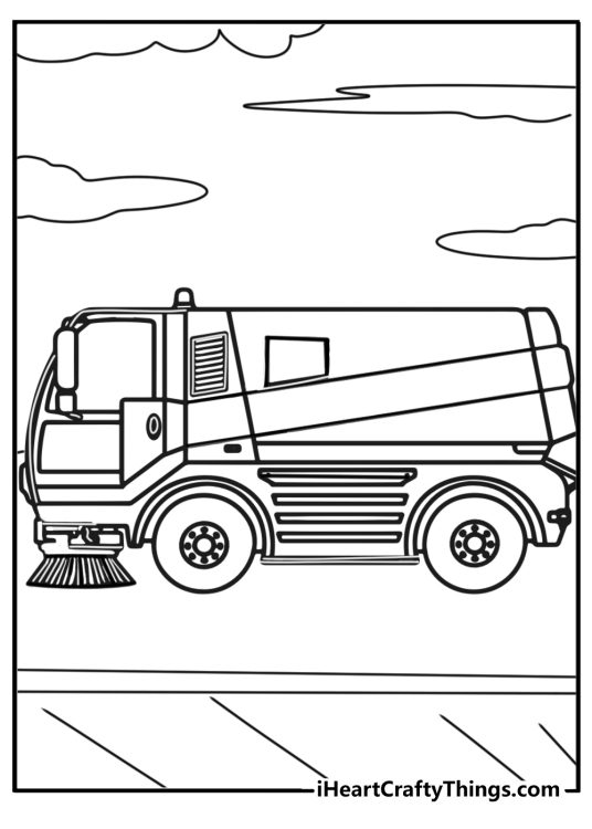 Dump truck printable coloring page depicting street sweeper vehicle in action with clouds above it