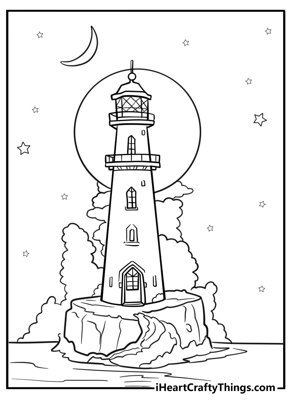 Striped lighthouse with beacon shining over the sea coloring page