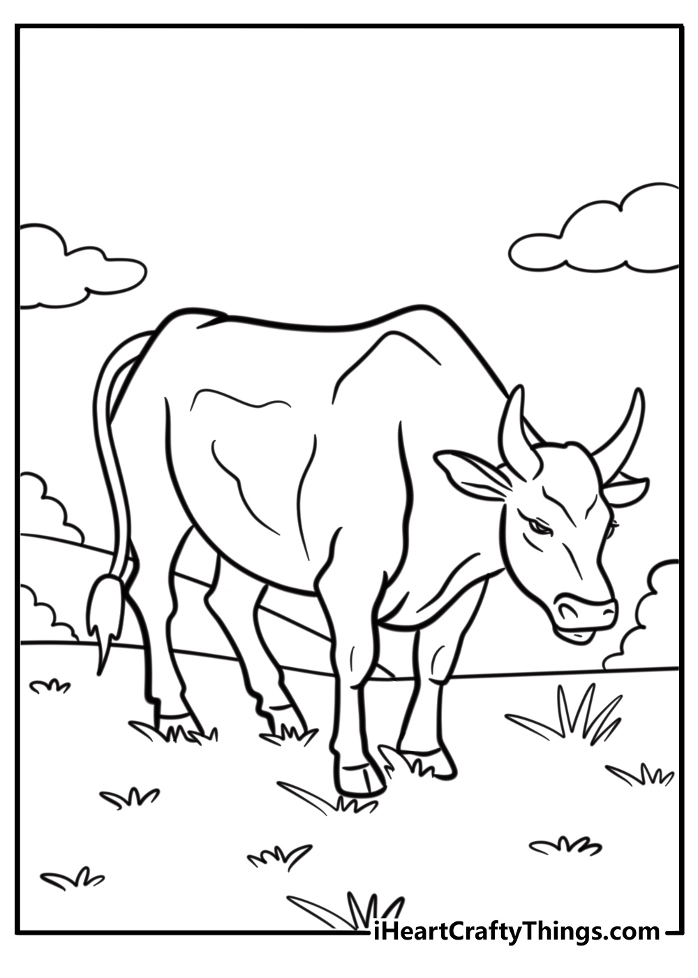 Strong bull standing in a field coloring page