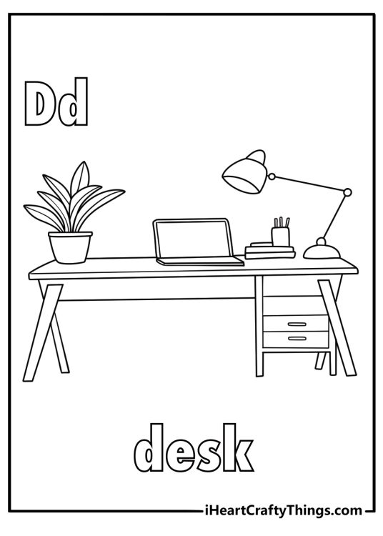 study desk letter d printable books and laptop
