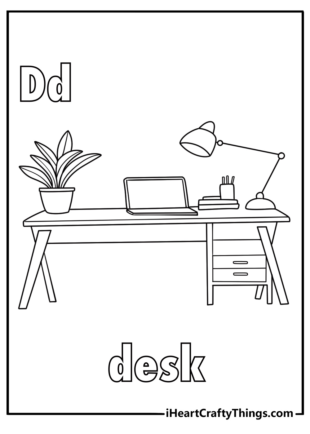 study desk letter d printable books and laptop