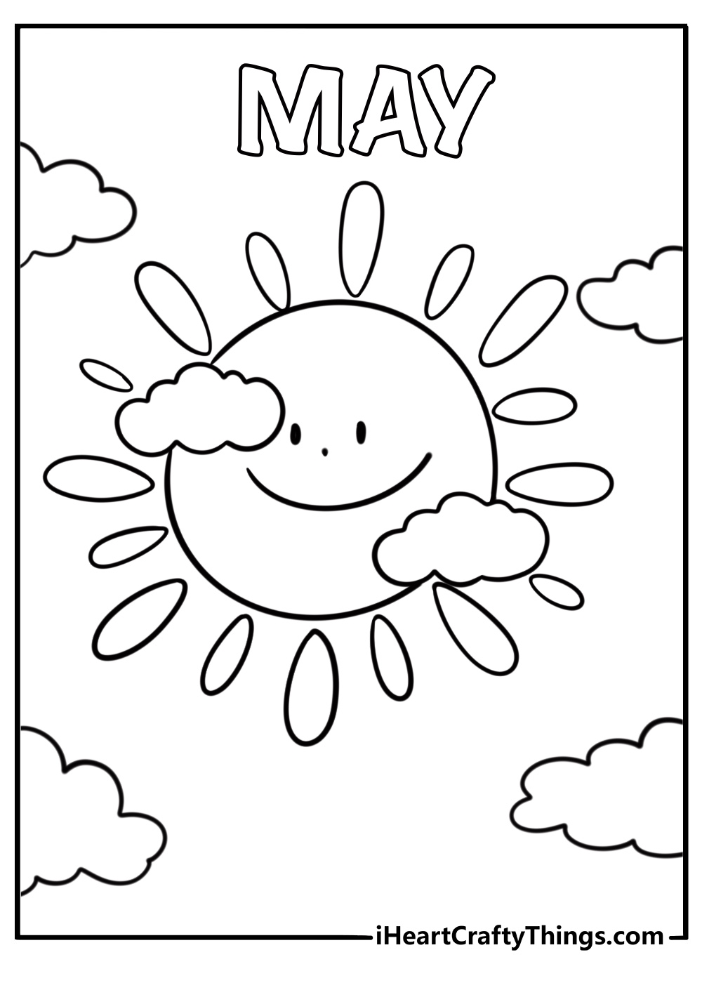 Sun with smiling face and clouds May coloring page