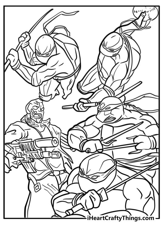 Detailed printable coloring picture showing Ninja Turtles in action fighting bad guys