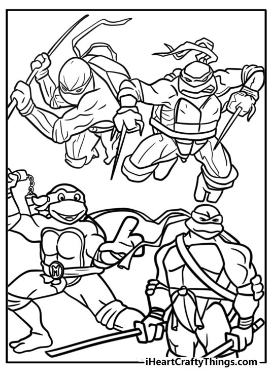Free printable picture to color depicting all Ninja Turtles posing their weapons