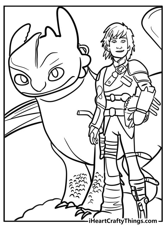 Adult coloring sheet featuring Toothless and Hiccup posing together side by side