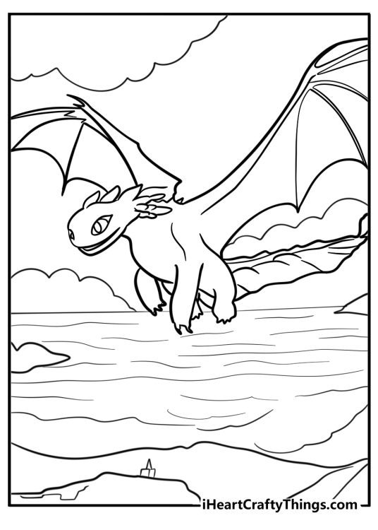 Printable coloring sheet for kids featuring Toothless flying in the sky over the water