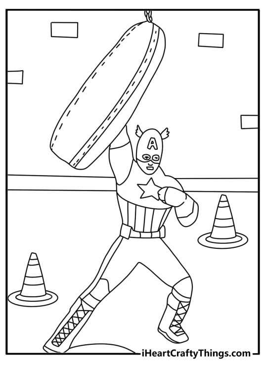training room captain america coloring page punching bag in view shield leaning on wall printable pdf