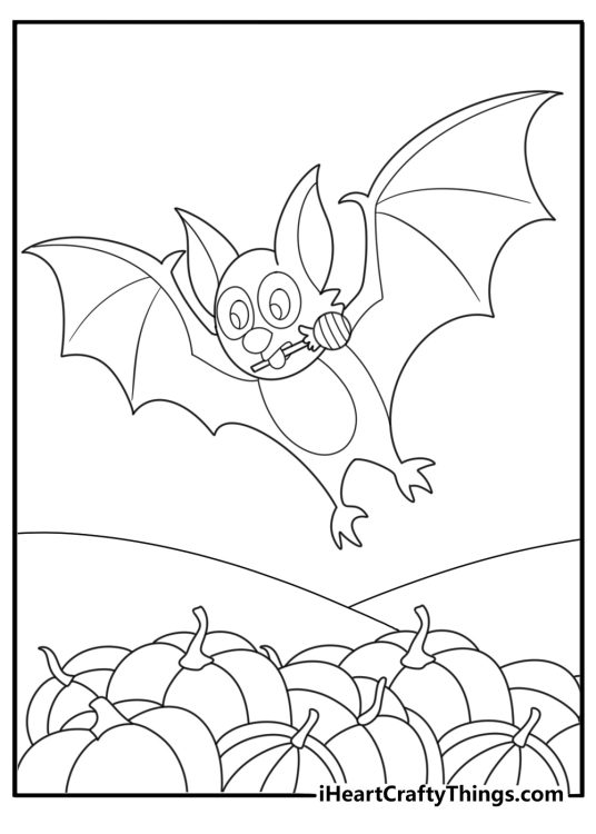 trick or treat bat holding lollipop flying over pumpkin coloring page