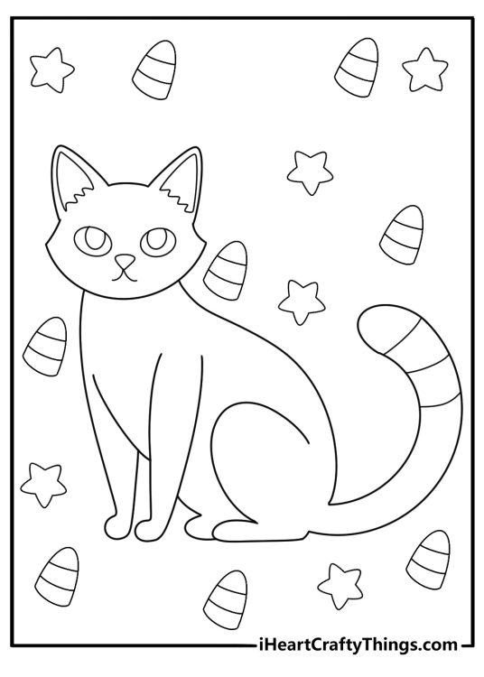 trick or treat black cat with candy corn and stars coloring page