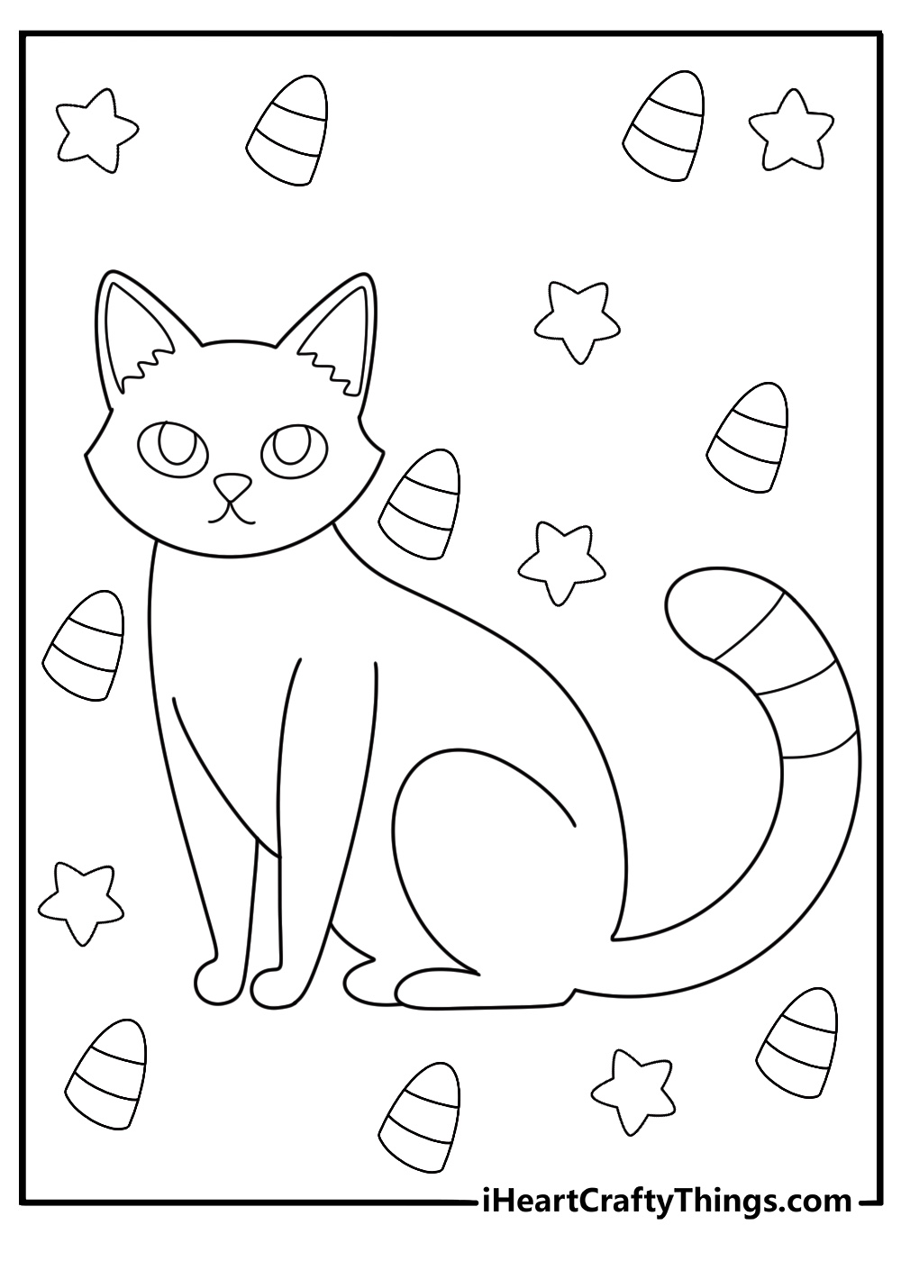 trick or treat black cat with candy corn and stars coloring page