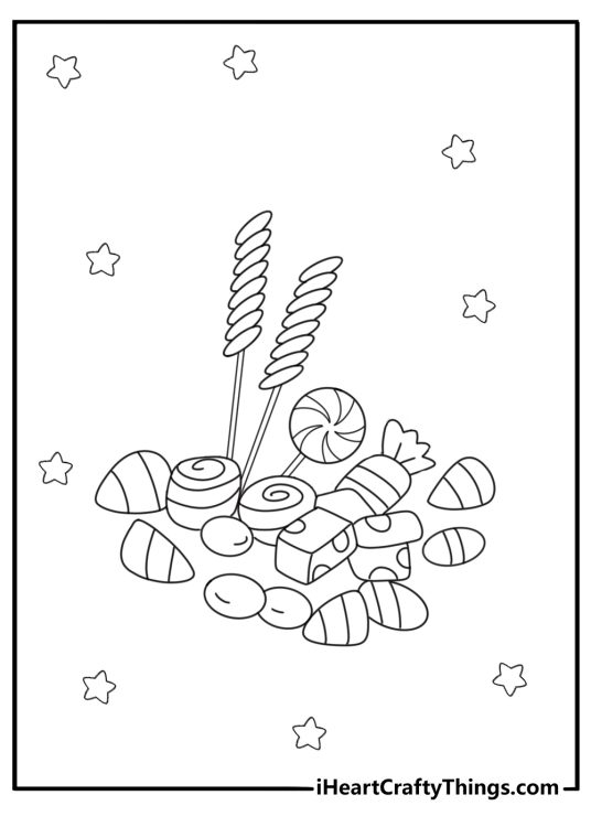trick or treat candy assortment lollipops chocolate and corn coloring page