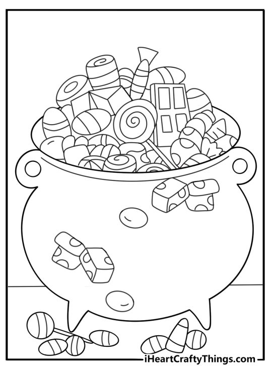 trick or treat candy cauldron overflowing with sweets coloring _sheet