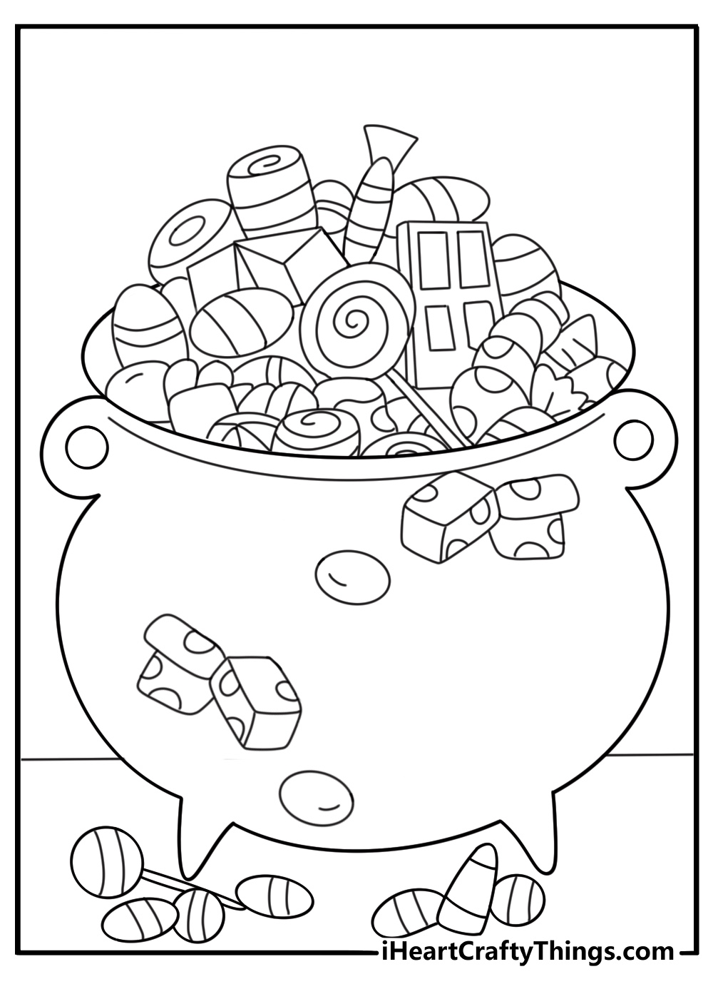 trick or treat candy cauldron overflowing with sweets coloring sheet