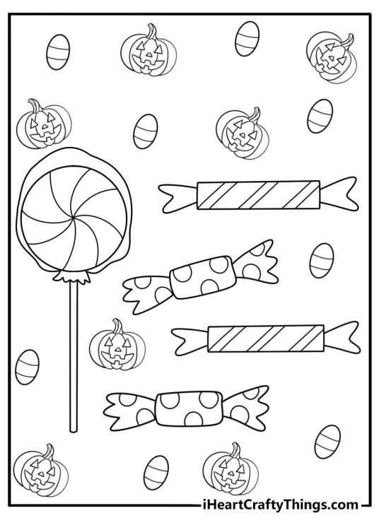 trick or treat candy pattern with wrapped sweets and lollipops coloring sheet