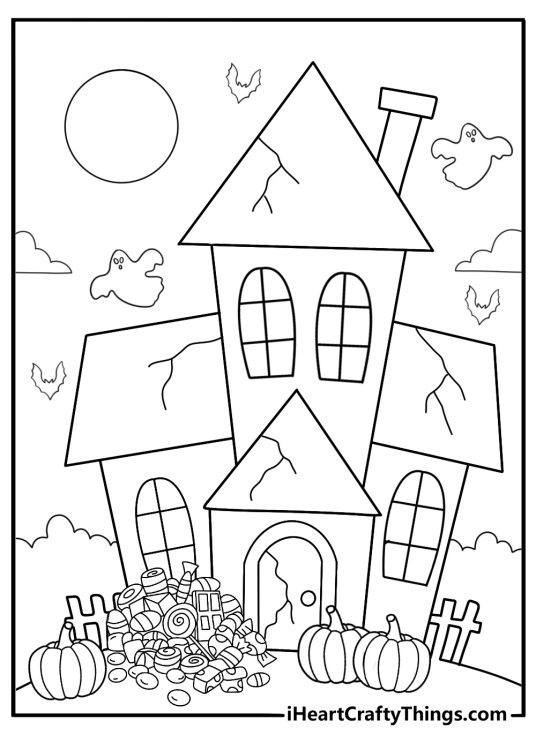 trick or treat detailed haunted mansion with decorations coloring page