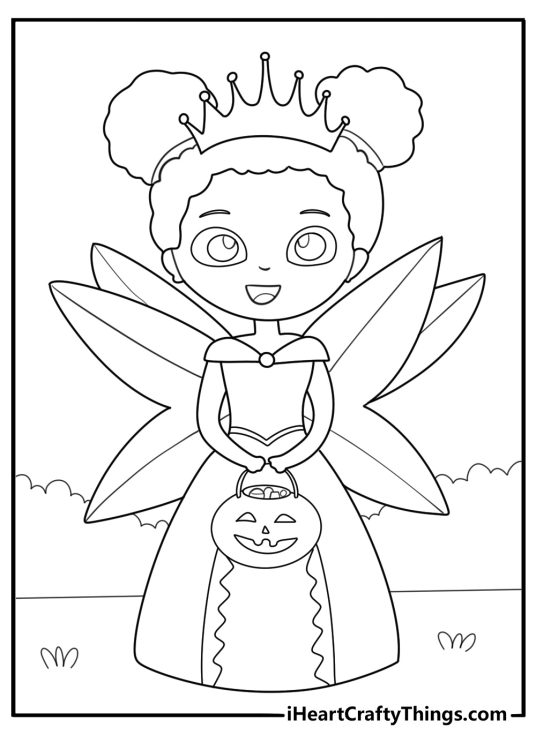trick or treat fairy child collecting candy in pumpkin bucket coloring page