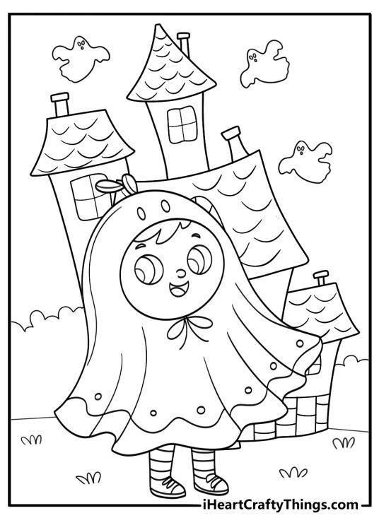 trick or treat ghost kids surrounding a haunted castle coloring page