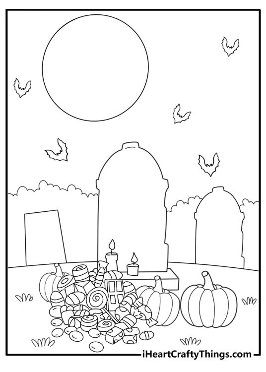 trick or treat graveyard scene with bats pumpkins and candy coloring page