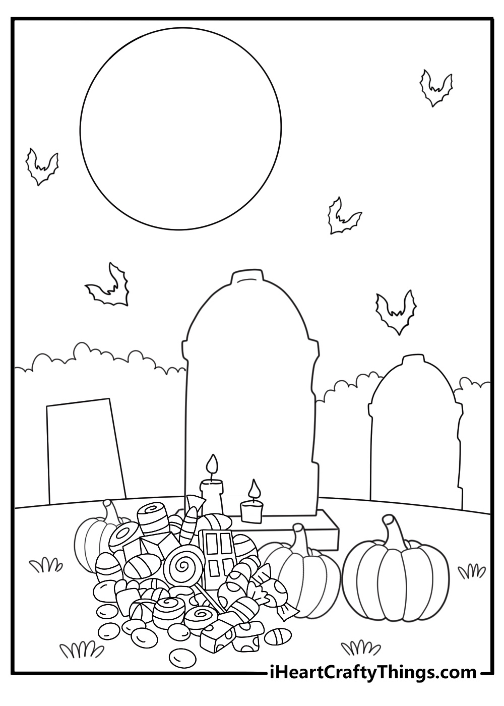 trick or treat graveyard scene with bats pumpkins and candy coloring page