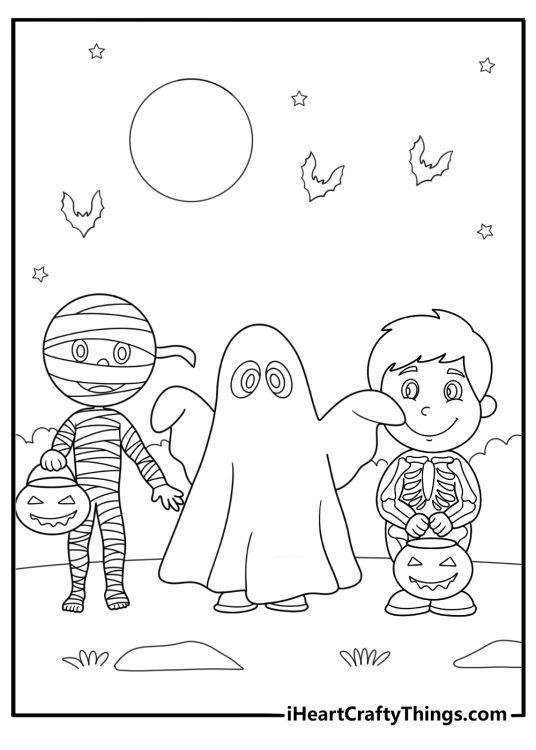 trick or treat group of kids dressed as monsters simple coloring sheet