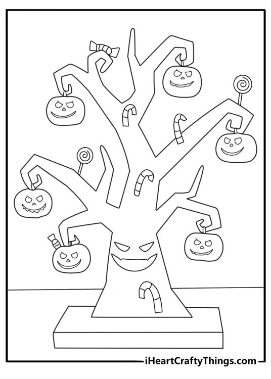 trick or treat haunted tree with candy hanging from branches coloring sheet