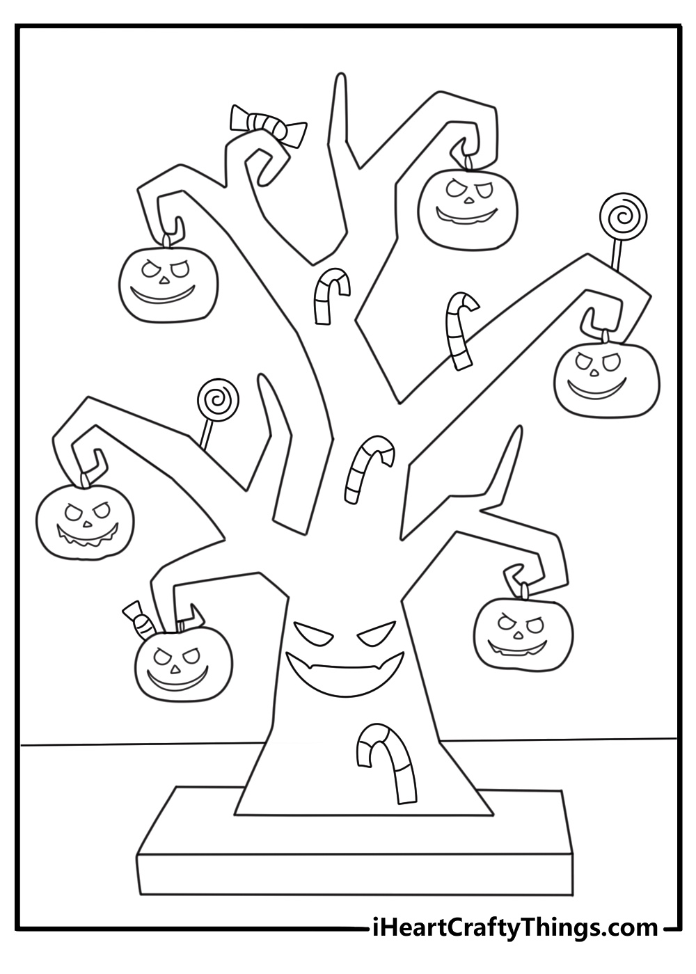 trick or treat haunted tree with candy hanging from branches coloring sheet