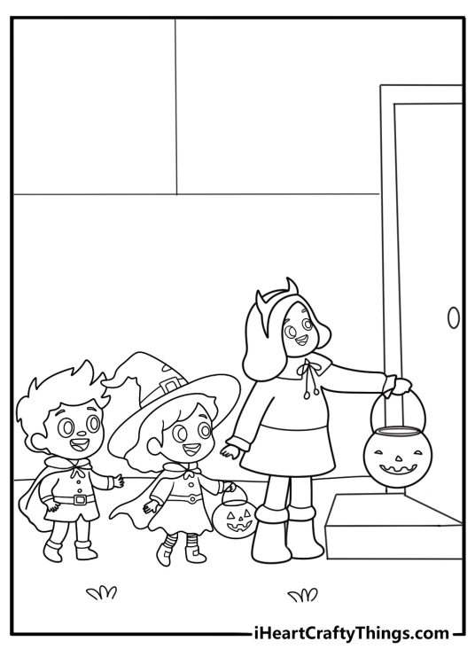 trick or treat kids lined up at a decorated house door coloring page