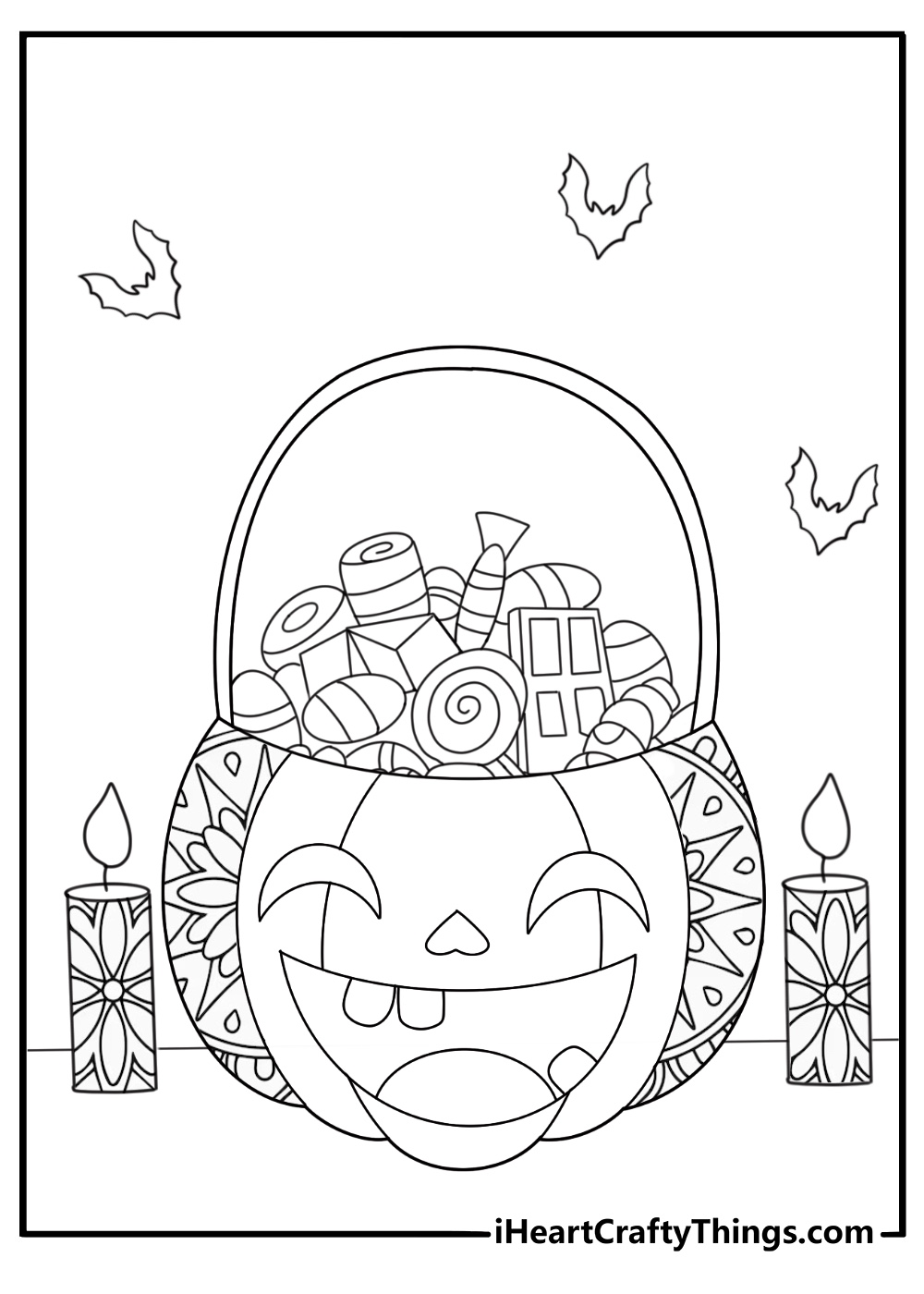 trick or treat mandala with pumpkins bats and candies coloring page for adults