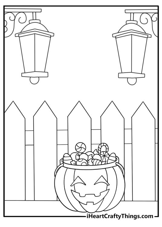 trick or treat night street with lanterns candy and jack o lanterns coloring sheet