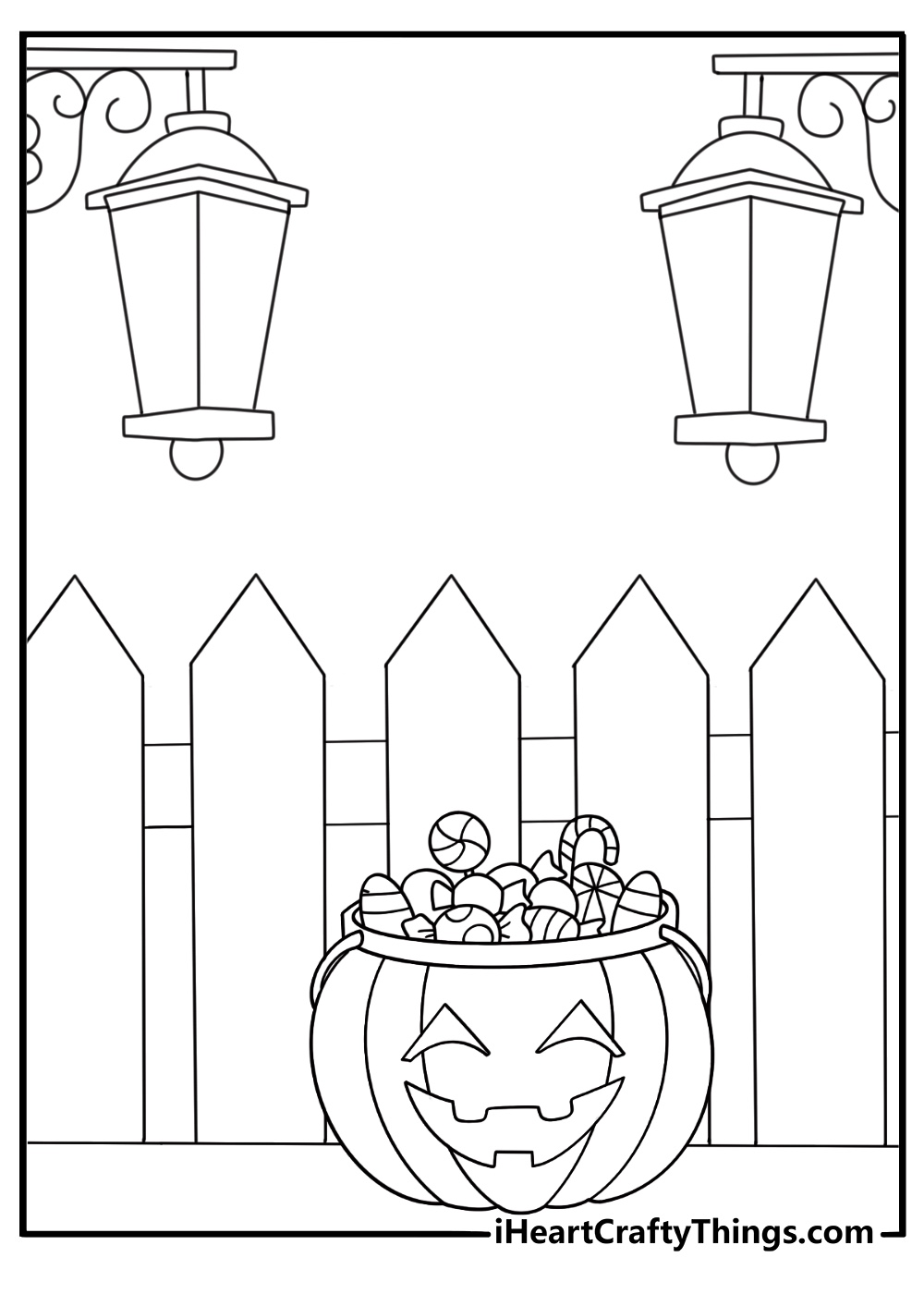 trick or treat night street with lanterns candy and jack o lanterns coloring sheet