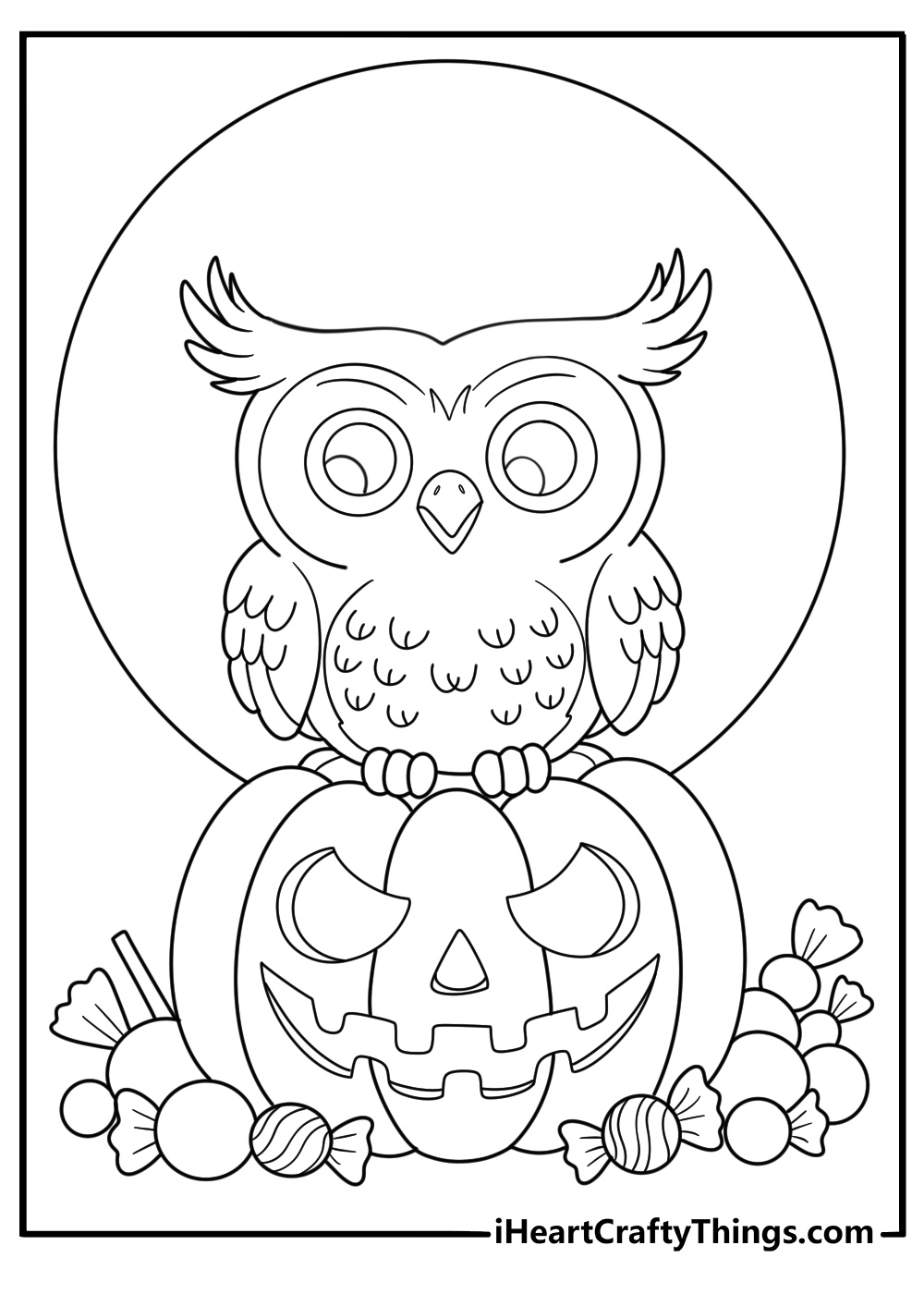 trick or treat owl sitting on pumpkin with candy around coloring sheet