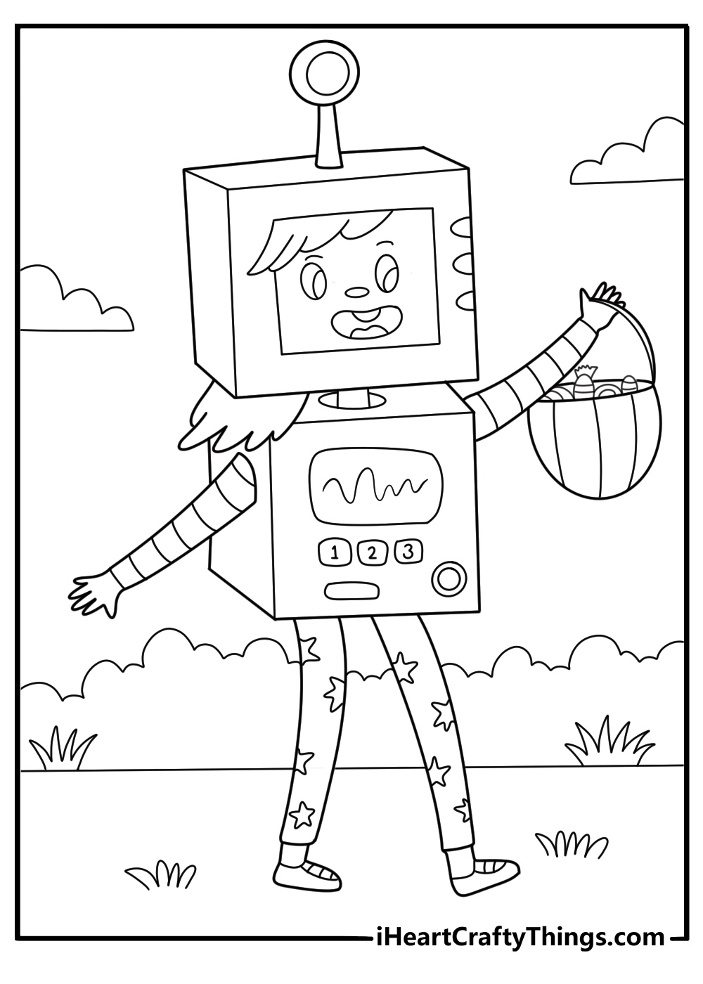 trick or treat robot child with candy basket coloring sheet