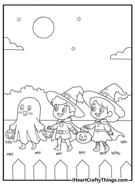 trick or treat scene with group of kids in costumes carrying candy buckets coloring page