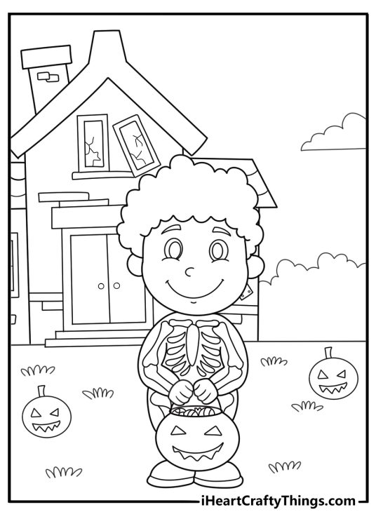trick or treat skeleton kid holding candy bucket coloring sheet