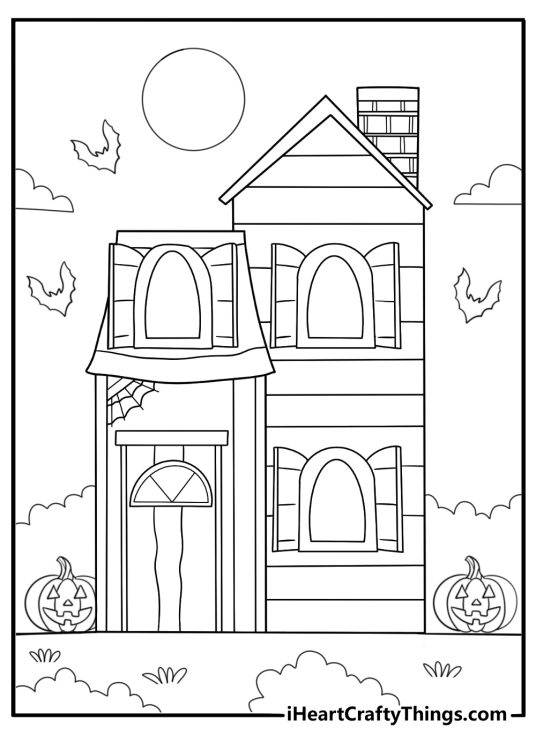trick or treat themed haunted house with bats flying overhead coloring page